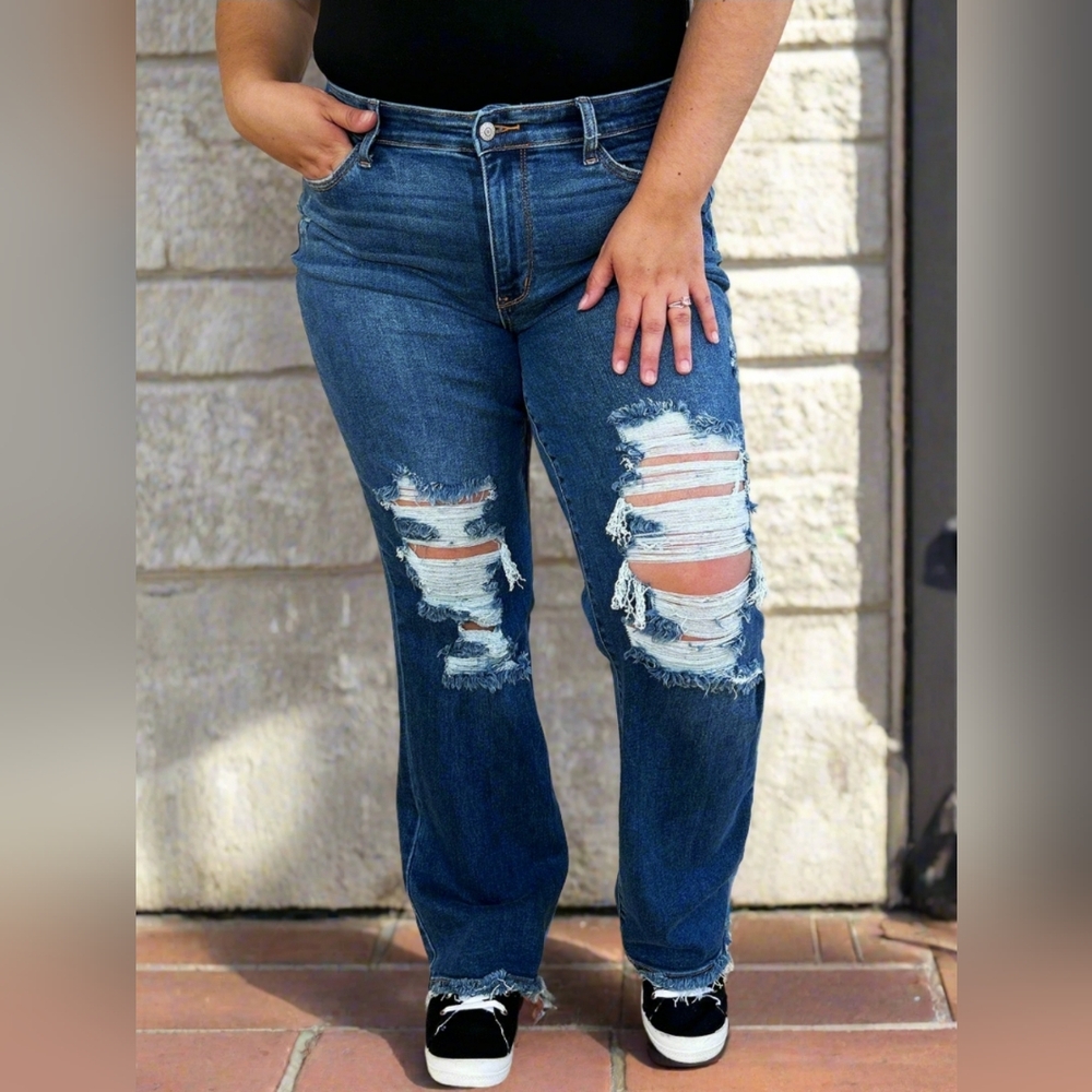 Mid-Rise Distressed Torn Mom Jeans Straight Leg Raw Hem Denim Pants Judy Blue - Picture 7 of 16